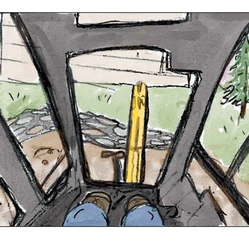 Illustrated view from an operator's perspective inside a Caterpillar excavator cockpit, showing the excavator arm extending towards an outdoor landscape.