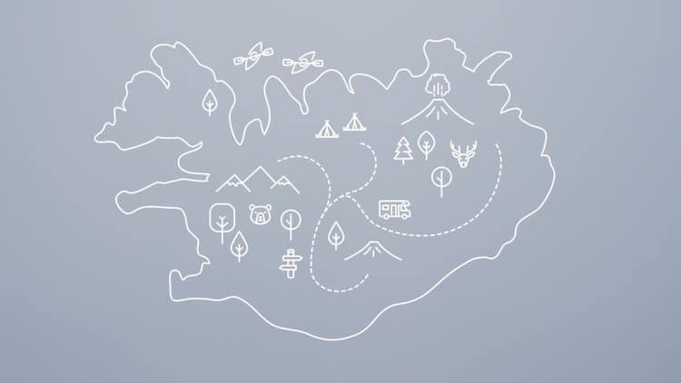 Minimalistic line art illustration of Iceland with icons representing mountains, trees, tents, wildlife, and travel, symbolizing exploration and adventure.