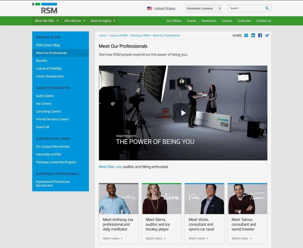 RSM website showcasing the "Meet Our Professionals" video series produced by Remedy, featuring real employees sharing their experiences and stories.
