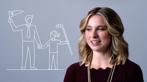 Portrait of a woman with an illustration of a professional holding a flag and a child holding a hockey stick, symbolizing guidance and mentorship.