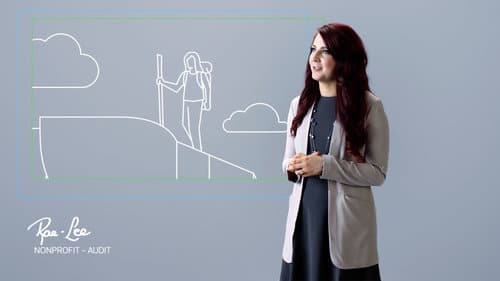 RSM professional Rae-Lee, specializing in nonprofit audit, stands in front of a graphic of a hiking scene, symbolizing adventure and exploration.