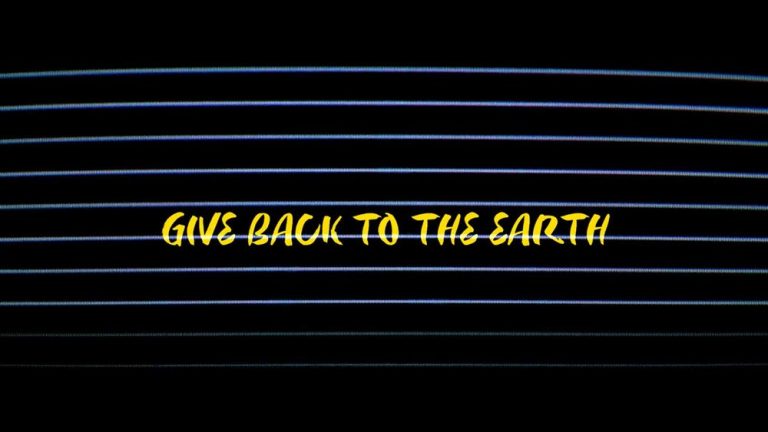 Text reading "Give Back to the Earth" in yellow against a background of horizontal lines, representing a message of environmental responsibility from Sankofa Farms.